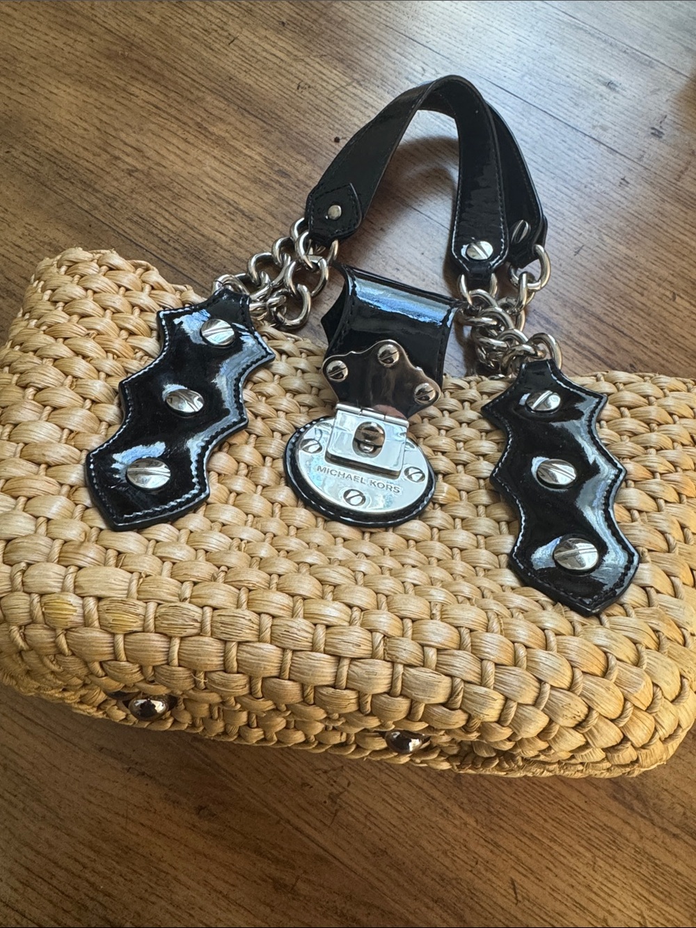 Michael Kors Straw Tote with Black Patent Trim and Silver Hardware - a bit heavy